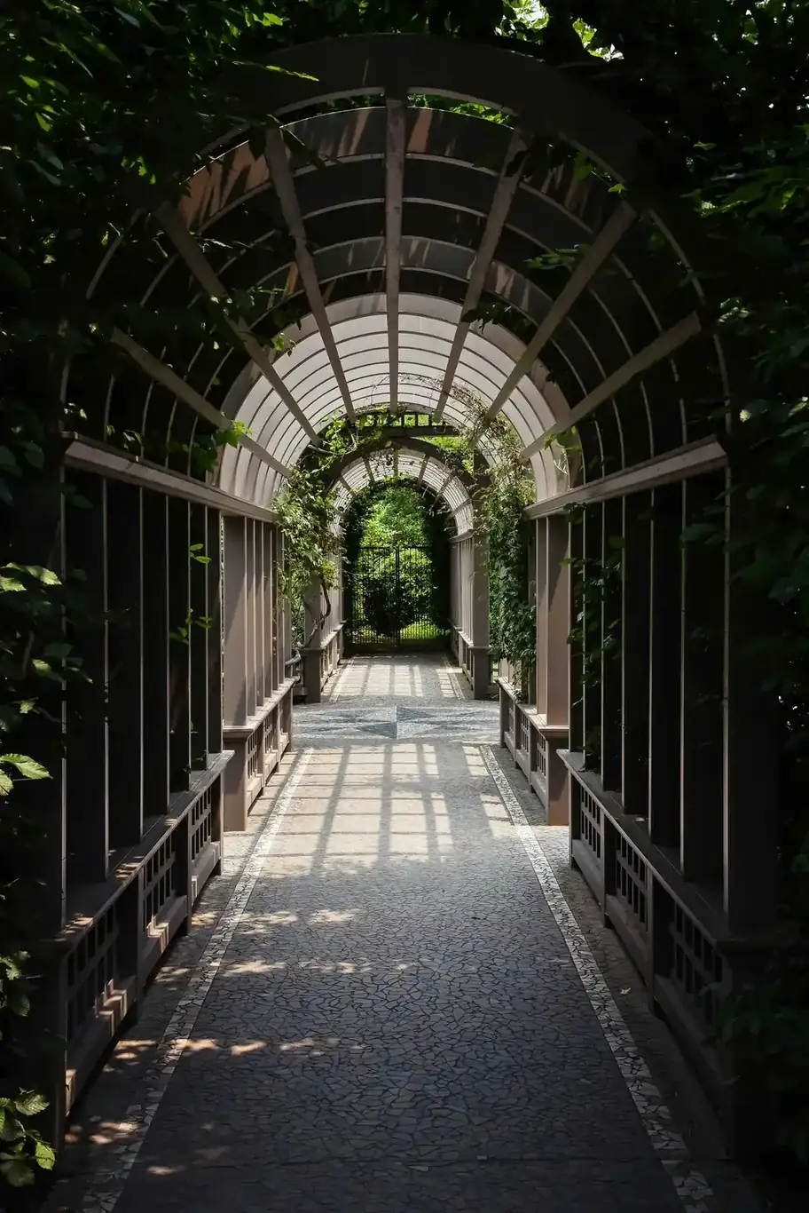 Begroeide pergola-overkapping in een tuin, aangelegd door hovenier GS Gardens in Nieuw-Vennep